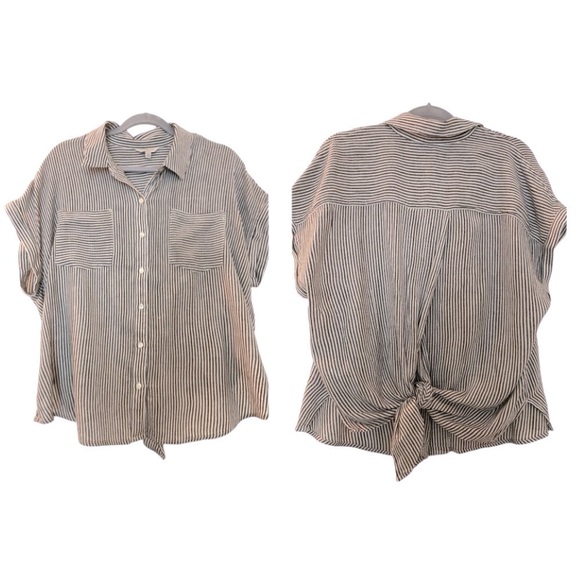 LUCKY BRAND top, black and white stripe, button down, short sleeves, size Large. - Picture 1 of 6